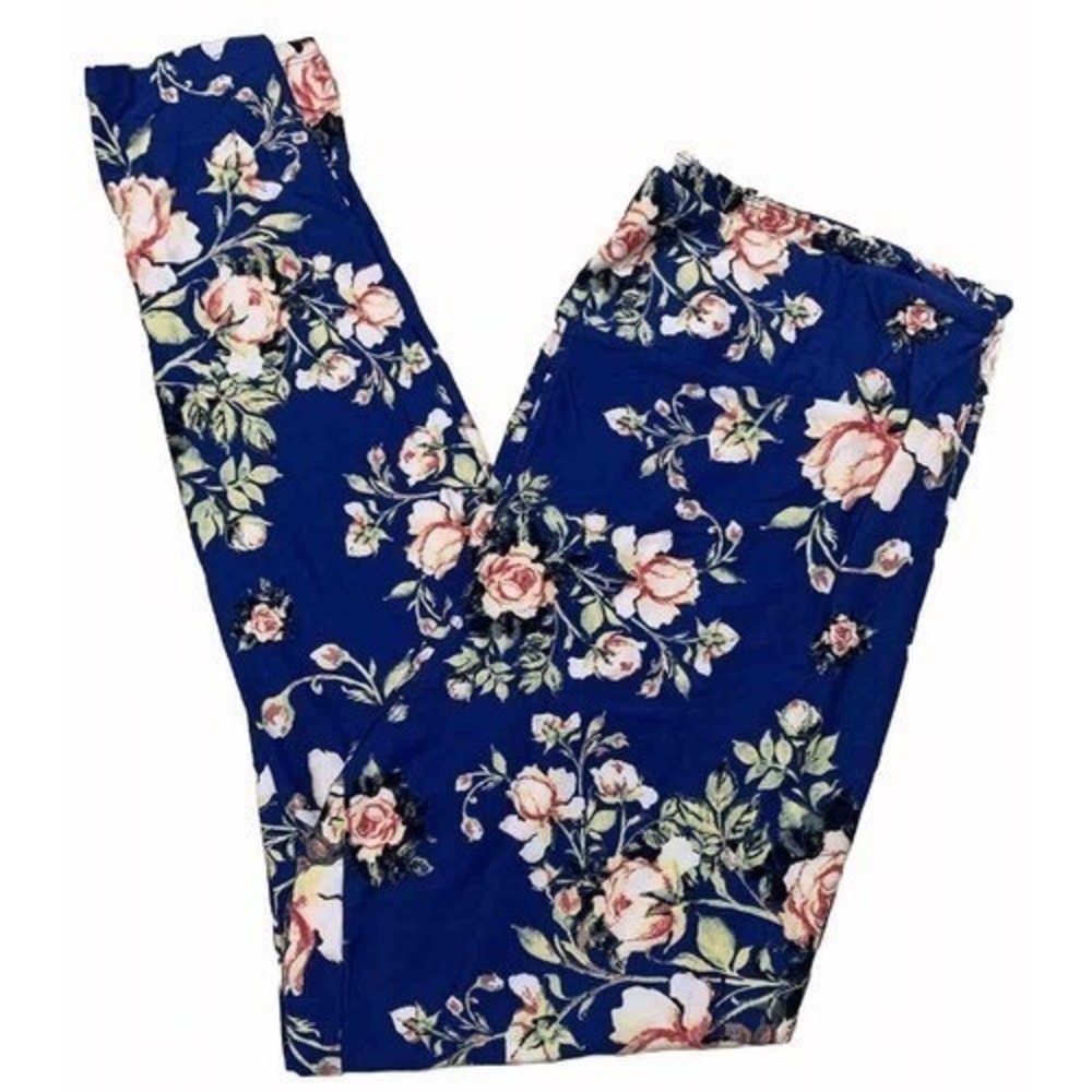 LuLaRoe Womens Leggings Size TC2 Blue Light Pink Roses Floral Plus 18+ NWT